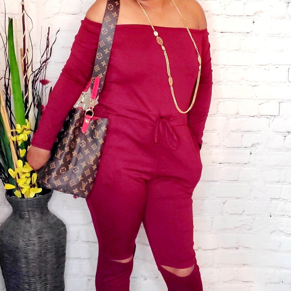 NWT Burgundy Off the Shoulder Long Sleeve Jumpsuit
